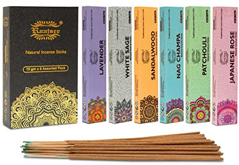 raajsee 100% Bio-Räucherstäbchen-handgerollt -6er-Pack je 15 Gramm- Frei von Chemikalien - Perfekt für Kirche,Aromatherapie,Entspannung,Meditation,Positivität und sinnliche Therapie