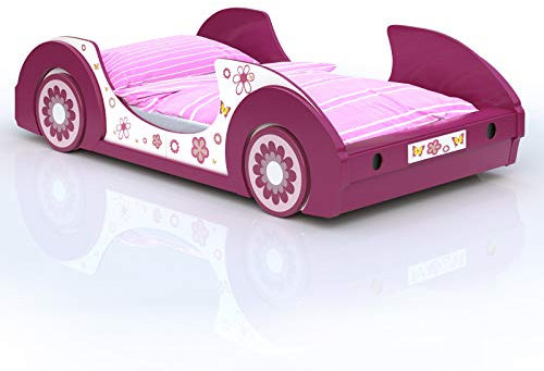 Lit Voiture Rose 'Butterfly' Motifs Fleurs Lit Fille avec Sommier Lattes 90x200 cm