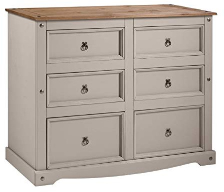 Mercers Furniture Corona Solid Wood Pine Grey Painted Wax 6 Drawer Wide Chest Sideboard Wooden Large Bedroom Storage Unit Kitchen Dresser Drawers Mexican Style 103cm High 133cm Wide 48cm Deep