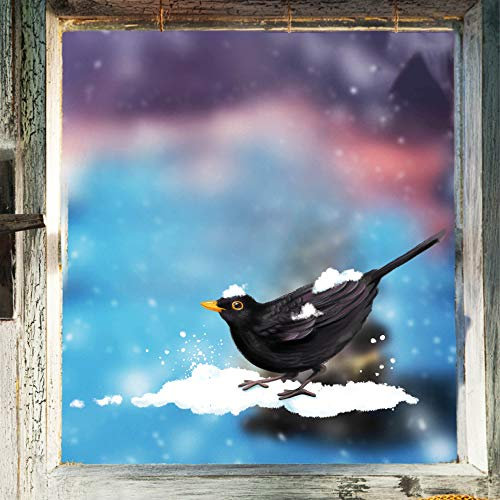 Fensterbild Winter Amsel Vogel winterlich wiederverwendbar Weihnachten