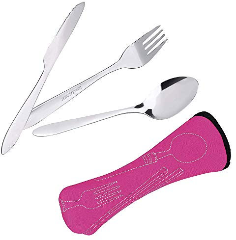 langjiao - Cubiertos para camping de acero inoxidable (cuchillo, tenedor, cuchara) con bolsa de neopreno, ideal para viajes y acampada, paquete de 3, fucsia
