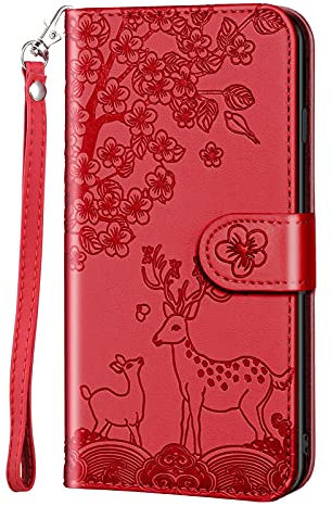Aisenth Handyhülle für Huawei P30 lite, Blumen Hirsche Muster PU Leder Handytasche Kitz Rotwild Brieftasche Magnetisch Klapphülle Etui Schutz hülle mit Kartenfächer, Aufstellfunktion -Rot