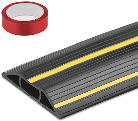 CPROSP Canaleta Pasacables de Suelo Negro y Amarillo, Protector de Cables para Suelo 200 cm x 8,3 cm, Ideal para el Hogar, la Oficina, Lugar de Trabajo, Almacén, con 5M * 3 cm de Cinta Adhesiva