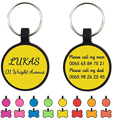 Uiopa 2 Stück Hundemarke mit Gravur, Knochen/Runde Hundemarke Personalisiert Silikon Adressanhänger Hund und Katze Hundemarken, Hundehalsband Anhänger für Hunde und Katzen (Runden Gelb)