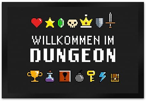 speecheese Willkommen im Dungeon Fußmatte XL in 40x60 cm für Gamer mit bunten Pixel-Items als Coole Dekoration für Dein Gamingzimmer oder das Kinderzimmer von einem Liebhaber von Retro Games