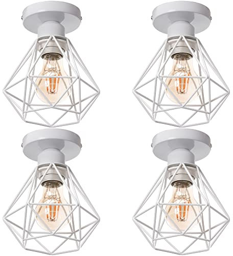 TOKIUS Deckenlampe, 16CM Vintage Deckenleuchte im Industrial Design Retro E27 Lampe aus Eisen Käfig Pendelleuchte Weiß (4 Stücke)