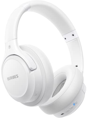 BERIBES Bluetooth Headphones Over-Ear with Hybrid Active Noise Cancelling 65h Playtime Hours Over Ear Headphones with Microphone, Hi-Res Audio, Deep Bass, Quick Charge for Travel (White)