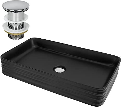 ML-Design Lavabo en Céramique, Noir, 68x38x12 cm, Forme Anguleux, Garniture de Vidage, Vasque á Poser, Design Moderne, Lavabo à Main, Lavabo de Comptoir Élégant, pour Salle de Bains/WC d'Invités