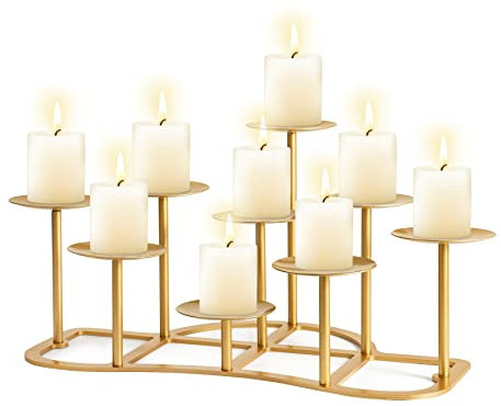 9 Pillar Fireplace Candelabra for Inside Fireplace - Gold Metal Fireplace Candle Holder for Tealight Pillar Candles Stand Iron Table Centrepiece Mantle Floor Decor (Gold, 9 Branch)