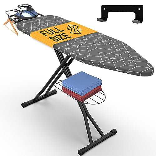 Xabitat Full Size Ironing Board 57 X 15 W/Wall Mount Hanger | Full Metal Construction| Built in Iron Caddy | Heat & Scorch Resistant Fabric | Cord Holder | Anti-Skid Feet | Heavy Duty| Easy to Fold