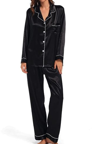Xuepelit Pigiama Donna Seta Lungo Set con Bottoni a Maniche Lunghe Pigiami Due Pezzi con Revers Pigiama Invernale Pantalone Lunga Loungewear Camicia da Notte，Nero, M