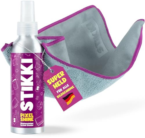 STIKKI Pixel Shine Professioneller Bildschirmreiniger inkl. 2-in-1 Microfasertuch für Reinigung & Politur (150ml) - entwickelt für Laptop, Smartphone, TV, Display, Brillen & Gläser