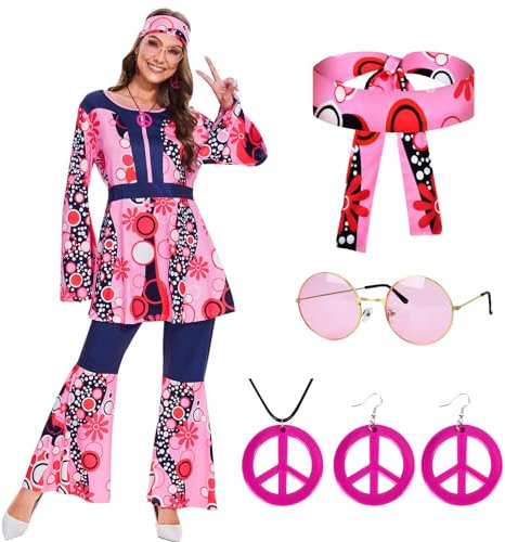 JONRRYIN 70er Jahre Hippie Kostüm Damen, Faschingskostüme Hippie Mottoparty Kostüm, Hippie Kleidung Schlaghose für Damen Disco Outfit (XL)