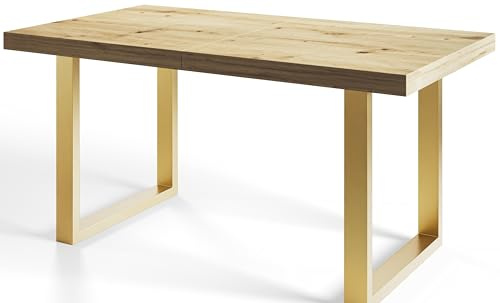 AlpiMeble Esstisch Ausziehbar 180x90x77cm, Artisan, Goldene Metallbeine | Rechteckiger Tish Loft-U, Modern Wohnzimmertisch, Küchentisch und Esszimmertisch