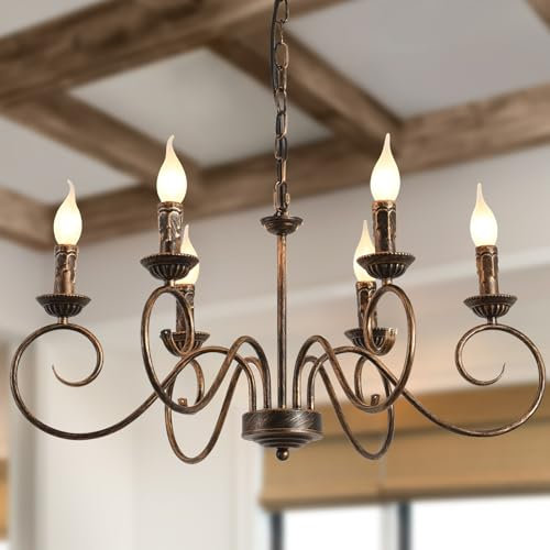 JIINOO Kronleuchter im Traditionellen Landhausstil, Vintage Höhenverstellbarer Kerzenleuchter aus Eisen, 6 E14 Lichter Bronze Bauernhaus klassische Pendelleuchte für Küche Esszimmer Wohnzimmer