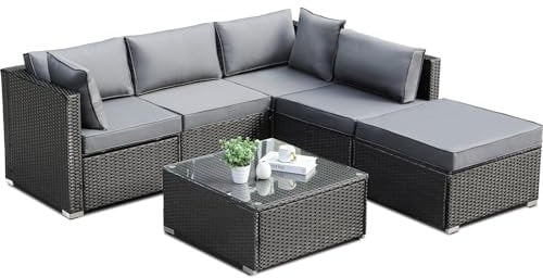 Polyrattan Gartenlounge Set 6-teilig, Outdoor Sitzgruppe mit 2 Sesseln Couchtisch, Wetterfest Balkonmöbel Set für 6 Personen, frei Kombinierbar inkl. 2 Polster, für Garten Terrasse Balkon, Schwarz