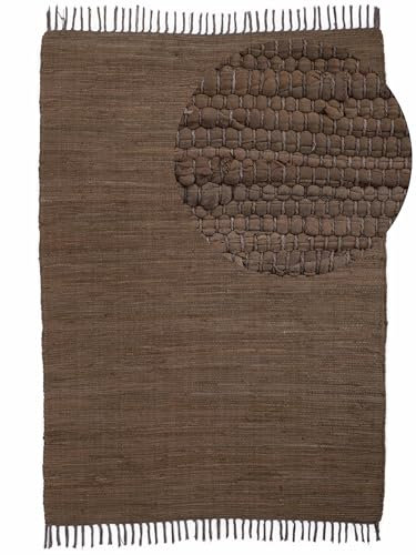 carpetfine Flickenteppich Kelim Chindi Uni Braun 70x140 cm, handgewebt | Fleckerlteppich aus Baumwolle für Wohnzimmermit Fransen