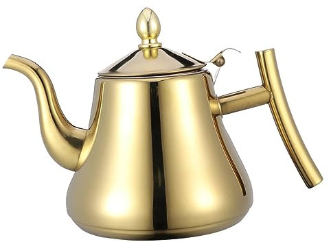Zerodeko Golden Stainless Steel Tea Kettle with Strainer 1L Teapot Sturdy Water Kettle Easy Clean Curved Handle for Home and Hotel