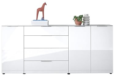 Sideboard Kommode SANTORIN weiß mit Glasfront, Schrank Korpus in weiß mit Oberboden in Glas und Schubladen für Ihren Wohnbereich - 226 x 99 x 40 cm (B/H/T)