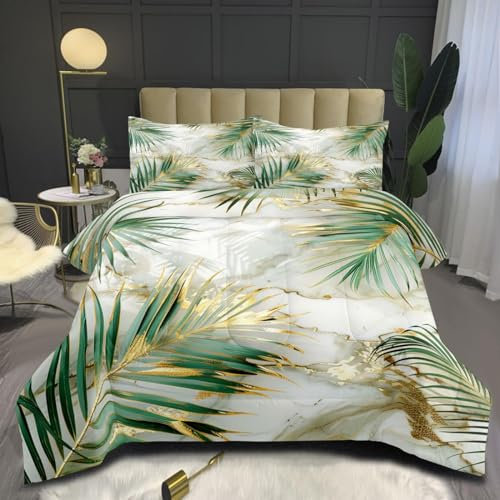 Nyescasa Bettwäsche 200x200 Grün Gold Blätter Weiß Marmor Bettwäsche Set Tropische Palm Pflanzen Wendebettwäsche Weich Mikrofaser Botanisch Bettbezug mit Reißverschluss und 2 Kissenbezug 80x80cm