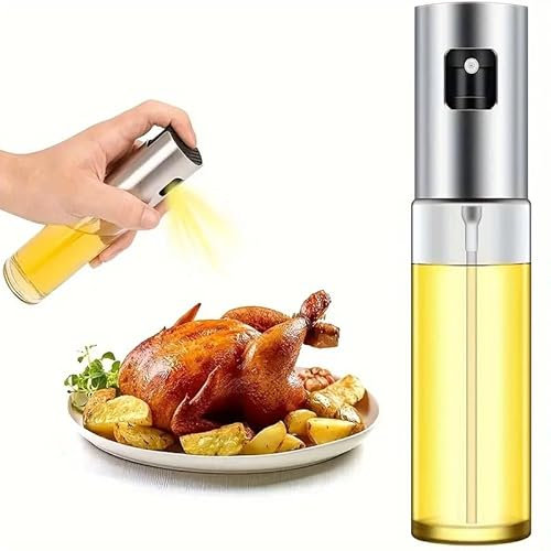 CHEFZOCO Pulverizador aceite spray, Rociador de aceite, Atomizador de aceite, Spray de aceite, Dispensador de aceite en spray, Pulverizador de cocina, Acero inoxidable y Vidrio, 100 Ml