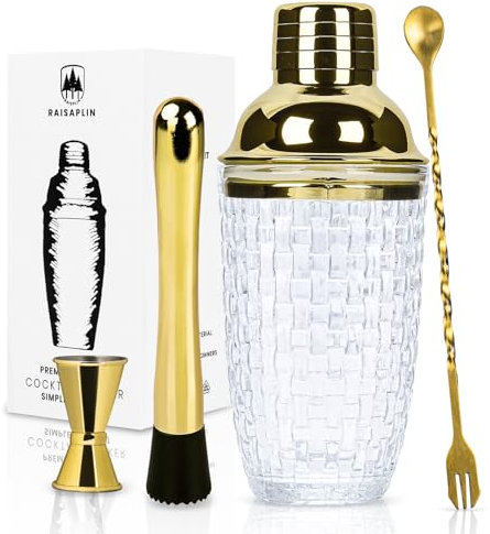 Raisaplin 4 Pcs Cocktail Shaker Set - Ideal for Home Bar, Mixing Drinks with Glass Shaker, 10 Cocktail Spoon, Double Jigger and Extra Long Drink Muddler for Martini, Whiskey, Wine - Gold