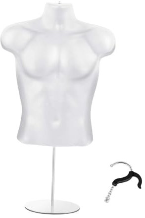 Milageto 1 Stück Männlicher Schaufensterpuppen-Torso, Verstellbare Elfenbeinfarbene PP-Display-Form mit Hohlrückseite, Drehbarer Haken für Bekleidungsgeschäfte und Fotoshootings