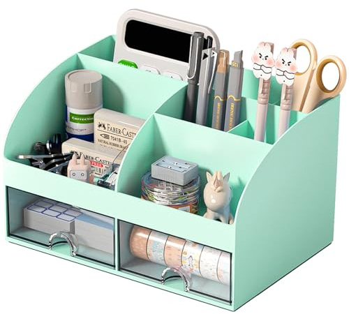 COMFYROOM Desk Organizer with 6 Compartments and 2 Drawers, Plastic Makeup Organizer, Pen Holder for Desktop Storage, Desk Organization for School, Home, Office Supplies (Mint Green)