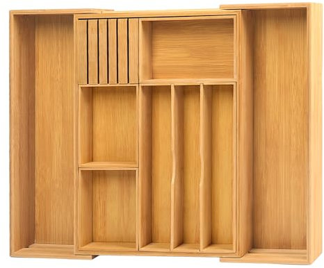 comfoyar Wooden Cutlery Tray for Kitchen Drawers, Expandable Utensil Drawer Organiser with Removable Dividers, 3-10 Adjustable Compartments Bamboo Cutlery Drawer Organiser for Flatware