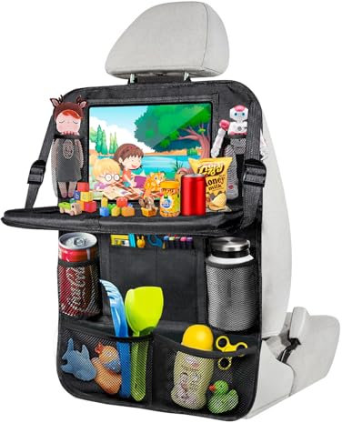 1 Stück Rückenlehnenschutz Auto Kinder mit 10 Zoll Tablet-Tasche, 600D Oxford Stoff Wasserdicht Autositz Rücksitz Organizer Autositzschoner Rückenlehne mit Klapptisch, Tablet Tasche und Viele Taschen