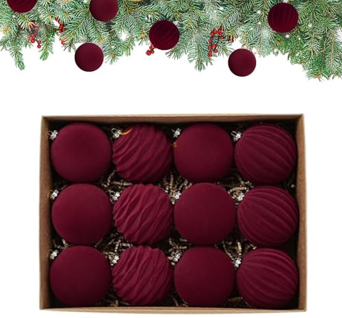 12 Stück Kunstoff Velvet Weihnachtskugeln, 8cm Rot & Grün Samt Christbaumkugeln, Weihnachtsbaum Kugeln mit Haken, Weihnachtsbaum Deko & Christbaumschmuck