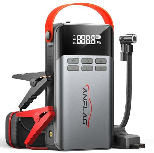 6000A Arrancador de Baterias de Coche, ANFLAG Arrancador de Coches con Compresor de Aire 150 PSI (para All Gas o 12L Diesel), Pantalla Grande LCD, Carga Rápida