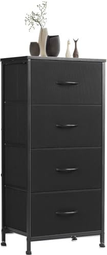 Sweetcrispy Kommode mit 4 Schubladen, Stoff Schubladenschrank, Schmal Schrank, Kommode Schlafzimmer, Industrial Stil für Wohnzimmer, Kinderzimmer, Flur Aufbewahrungsschrank, Schwarze