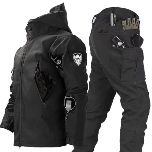 RVUEM Noir,XL, 2025 Nouvelles Combinaisons Militaires à Coque Souple, Combinaisons Ski à Capuche Chaudes d'hiver pour Hommes, Ensemble Veste Et Pantalon Tactiques, pour Sports Plein Air
