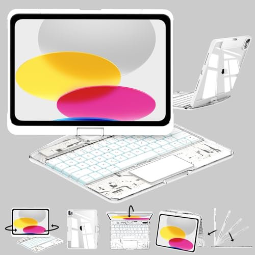 Transparent 360°Rotatable Keyboard Case for iPad Pro(4/3/2/1) 11 Inch,iPad Air 5th/4th 10.9 & iPad Air (M3/M2,2025/2024) 11,Clear Hard PC Back,Trackpad,Pencil Holder,7 Color Backlight,White