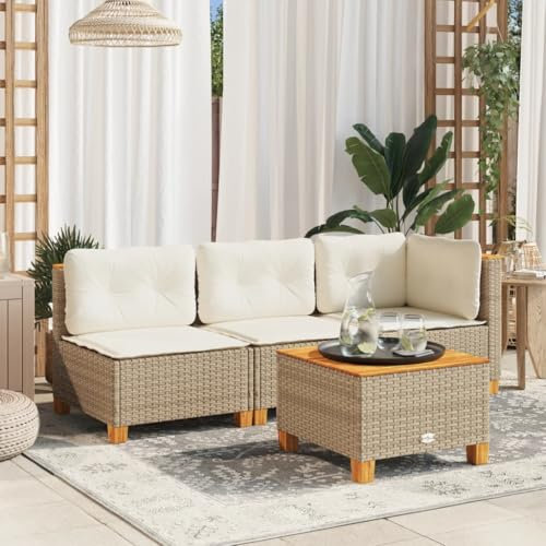 Gecheer Gartensofa ohne Armlehnen, Mittelsofa mit Kissen, Modular Ecksofa für Garten Terrasse, Sofa Gartensessel Gartenmöbel, Beige Poly Rattan