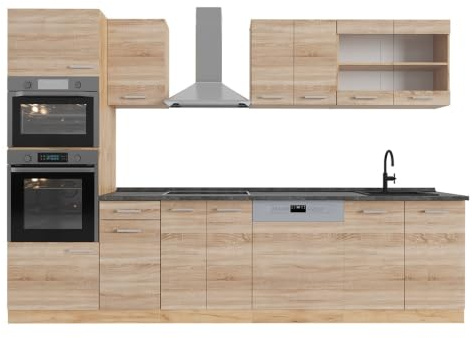 Vicco Küchenzeile R-Line, Sonoma/Goldkraft Eiche, 300 cm | 8 Module · Höhenverstellbare Füße · AP Anthrazit inkl. · Robuste Fronten · Mit Backofen-/Mikrowellenschrank