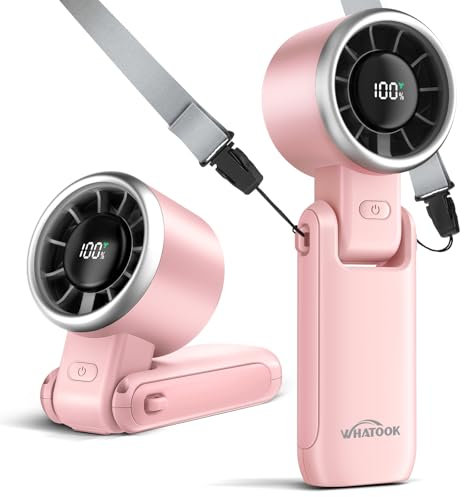 WHATOOK Portable Handheld Fan: Personal Fans with Air Turbo Tech, 5 Speeds Led Display, USB Rechargeable Battery Powered, 12 Hours Max, Mini Fan for Makeup, Concerts, Beaches, Travel (Pink)