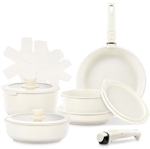 Juego de ollas de 16 piezas, juego de ollas de inducción con mango extraíble, juego de ollas y sartenes de cerámica antiadherentes, sartén de 20/28cm, cacerola de 18/20cm, sartén de 26cm