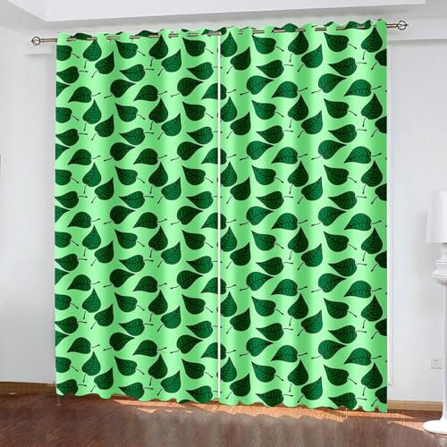 Beydodo Gardinen mit Ösen Blickdicht, Vorhänge Schlafzimmer 2er Set 214x183CM Grün Blätter Verdunklungsvorhänge Jugendzimmer Wohnzimmer