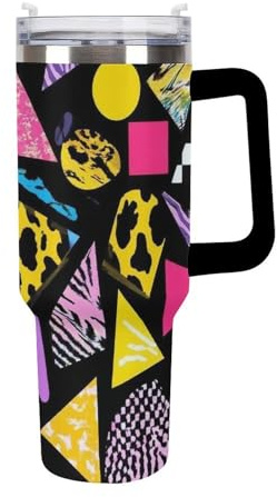 Anceky Tasse isotherme pour homme, grande tasse à glace en acier inoxydable, tasse de voyage portable avec paille pour la maison ou le bureau, noire, style rétro années 80-90