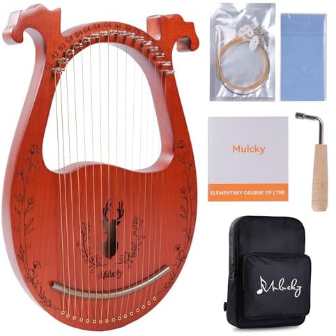 Mulucky Lyre Harp, 16 Metal Strings, Mahogany Body, Copper Saddle, Mini Musical Instrument with Tuning Wrench and Bag for Beginners