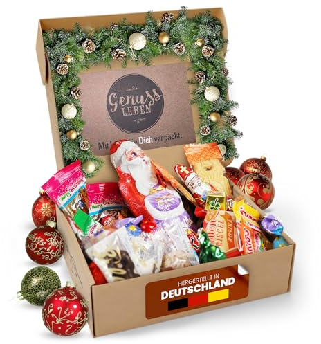 Genussleben® Weihnachtsbox - Festliche Schokofiguren, Gebäck, Fruchtgummi, Lebkuchen im Mix - 500 g - DAS Geschenk zu Weihnachten für Familien und Freunde.