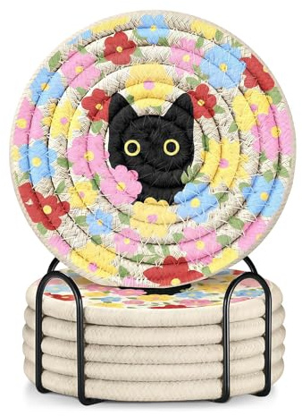 6er Set Katzen-Untersetzer mit Halter – Saugfähige Baumwoll-Untersetzer mit niedlichen Katzen- & Blumenmotiven, dekorative Tassenuntersetzer für Schreibtisch, Büro & Wohnzimmer