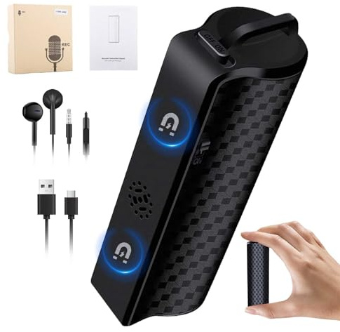 64GB Sprachrekorder mit Magnet, 25 Tage Daueraufnahme, Wiederaufladbar Über USB, Sprachaktivierung, One Touch Aufnahme, Diktiergerät Mini für Meetings, Vorlesungen & Interviews