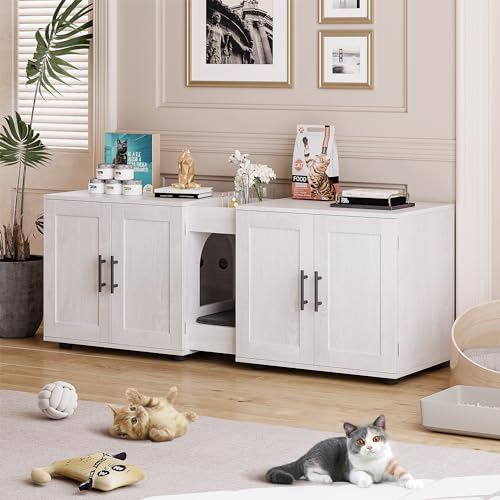 Katzenklo-Haus mit 2 Schränken, Katzenschrank mit Durchgangs- und Belüftungsöffnungen, Katzenklo-Möbel mit Metallgriffen, Für Wohnzimmer, 140 x 45 x 57 cm, Weiß