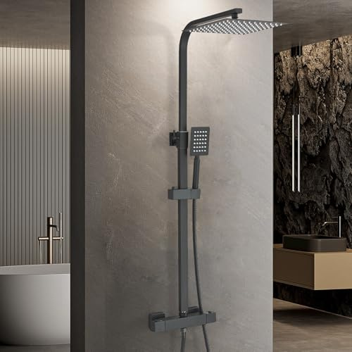 HARNART Bathroom Thermostatic Shower Mixer Set and with Adjustable 8 Overhead Rainfall Shower Head Twin Head,Bath Mixer taps with Shower Quadratische Handbrause,Matter Black