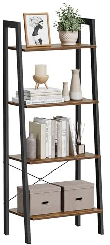 Zeilako VASAGLE Vintage Ladder, 4-Tier Bookshelf, Storage Rack Shelf Unit, Bathroom, Living Room, Wood Look Accent Furniture Metal Frame ULLS44X