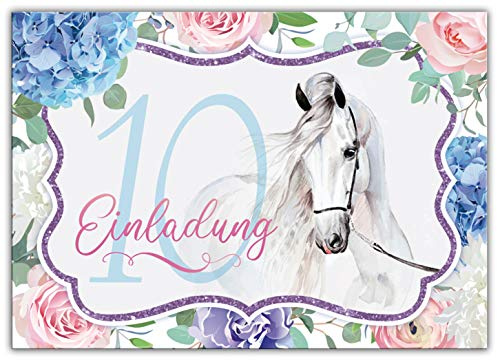 Junaversum 12 Einladungskarten zum 10. Kindergeburtstag Mädchen Pferd Einladungen zehnte Geburtstag