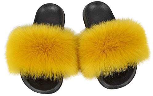 Damen Kunstpelz Flat Slide Sandalen Flauschige Open Toe Slipper Soft Cosy,44-45,Yellow